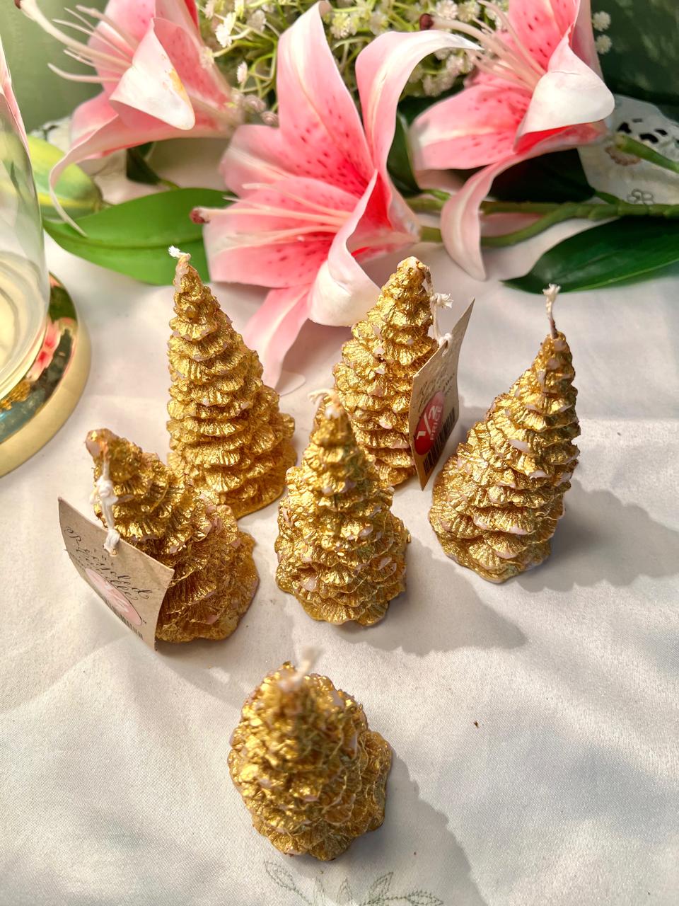 Set of 6 Gold Christmas Tree Candles – Recycled Wax Mini Festive Candles