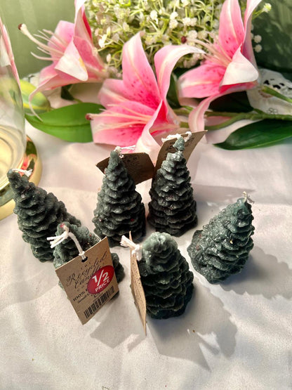 Set of 6 Green Christmas Tree Candles – Recycled Wax Mini Festive Candles