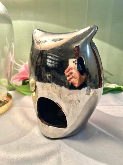 Silver Owl Tealight Candle Holder – Cut-Out Ceramic Decorative Lantern