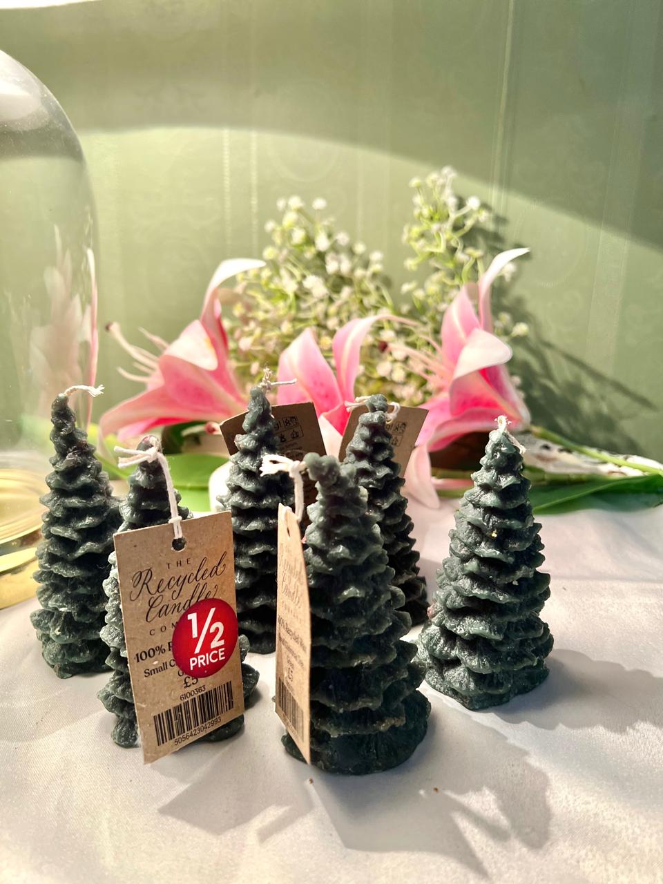 Set of 6 Green Christmas Tree Candles – Recycled Wax Mini Festive Candles