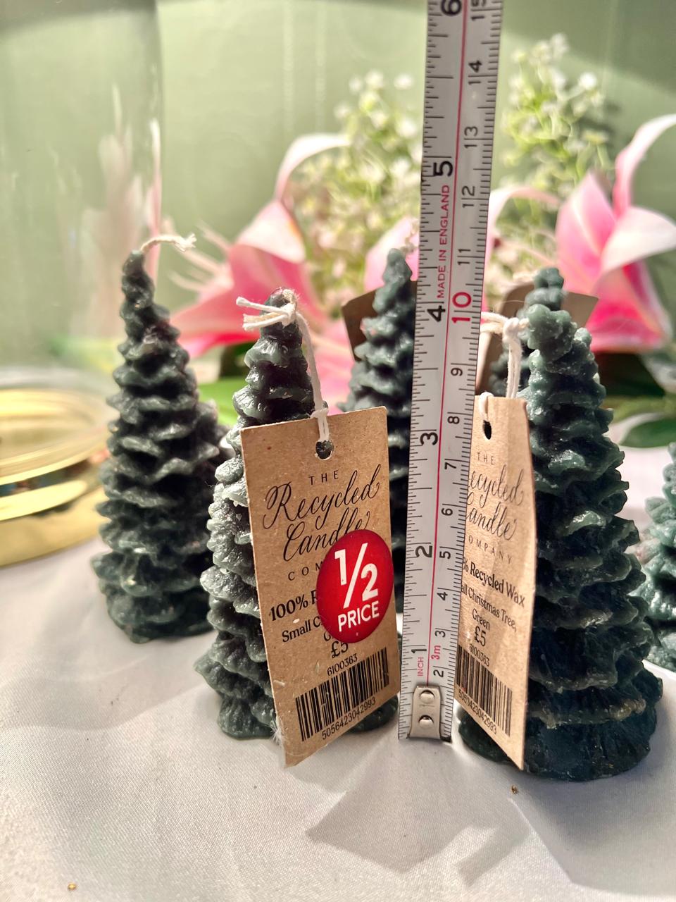 Set of 6 Green Christmas Tree Candles – Recycled Wax Mini Festive Candles