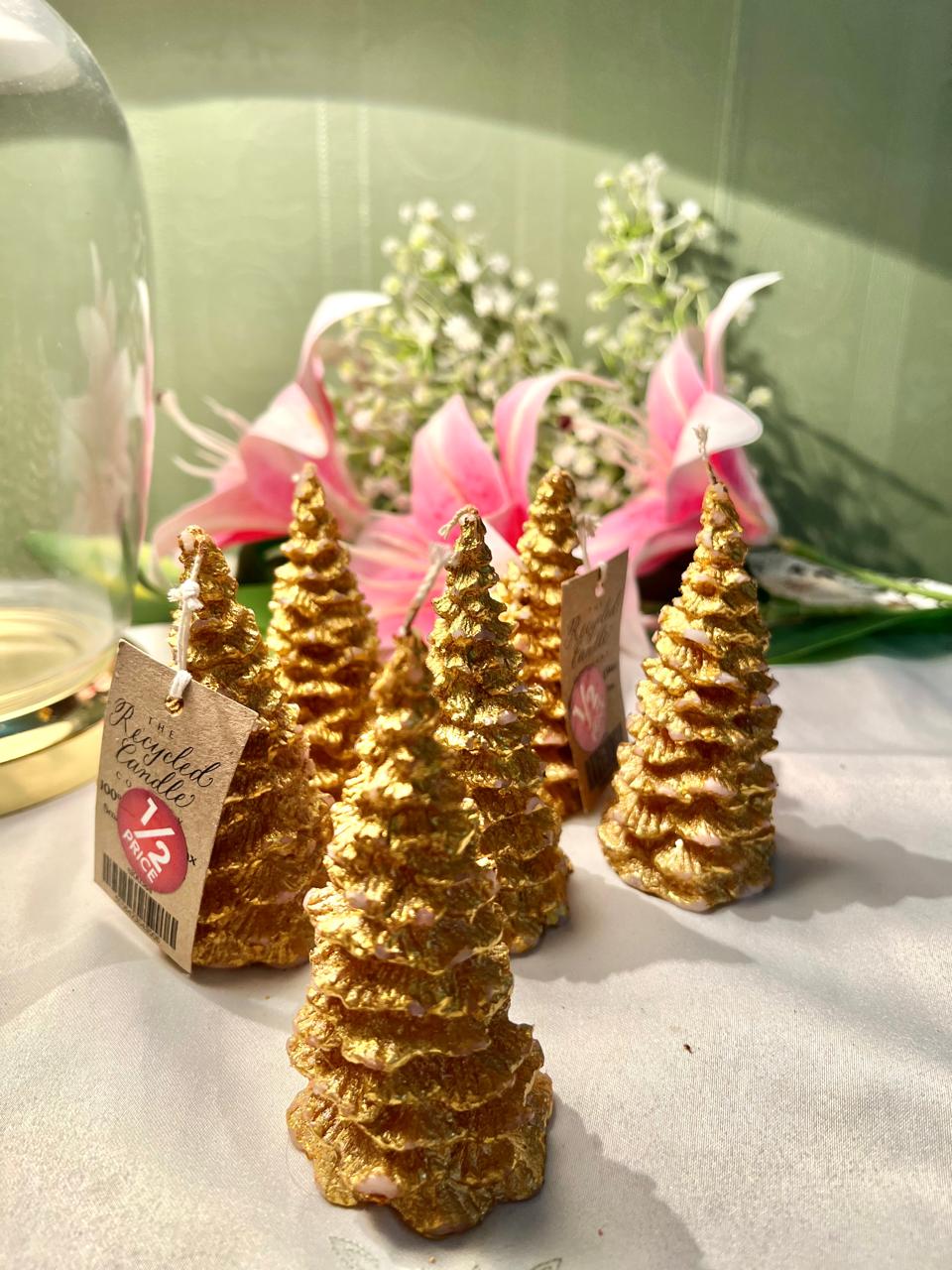 Set of 6 Gold Christmas Tree Candles – Recycled Wax Mini Festive Candles
