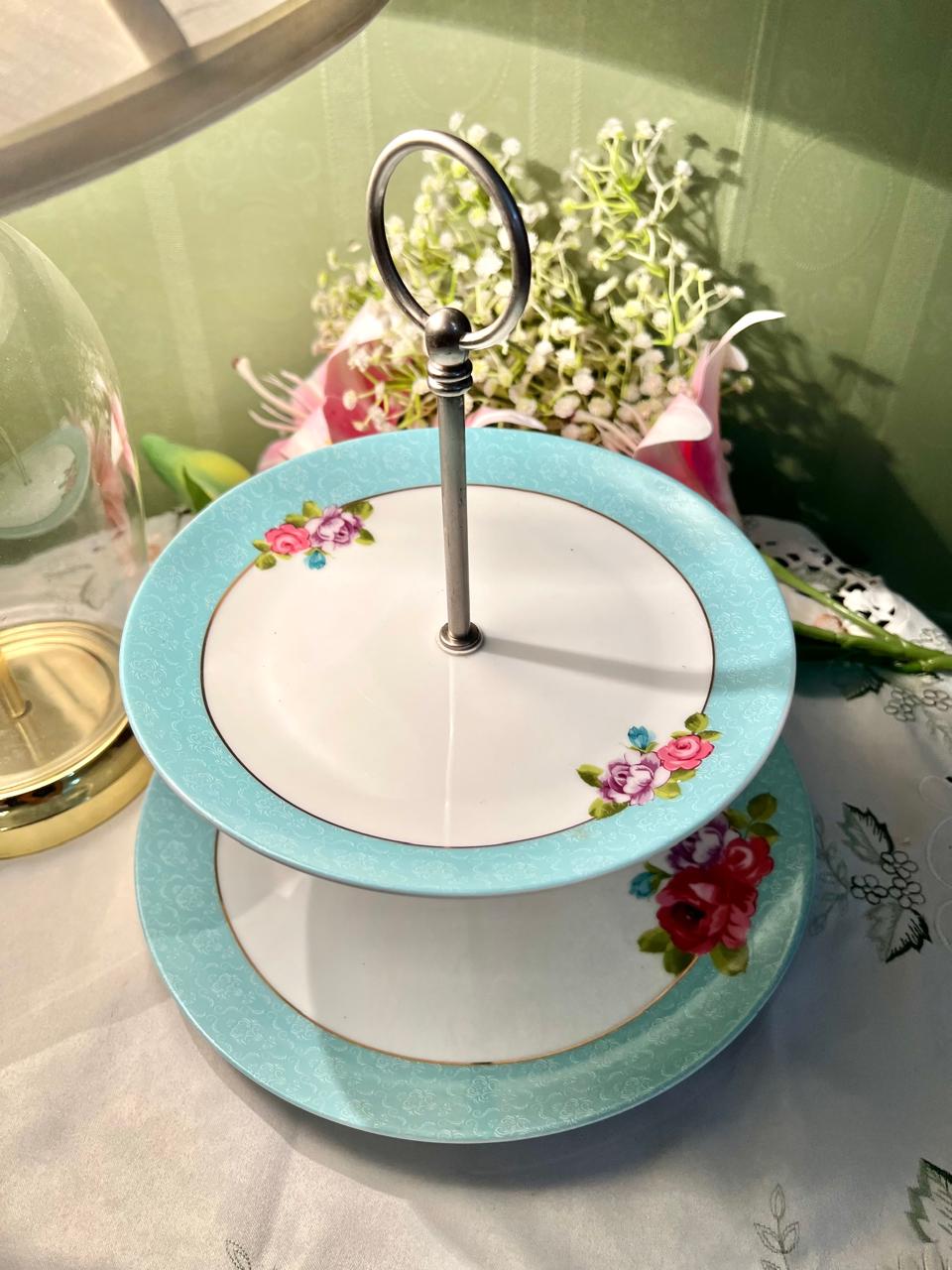 Vintage Floral 2-Tier Cake Stand – Turquoise Rose Porcelain Serving Plates with Metal Handle