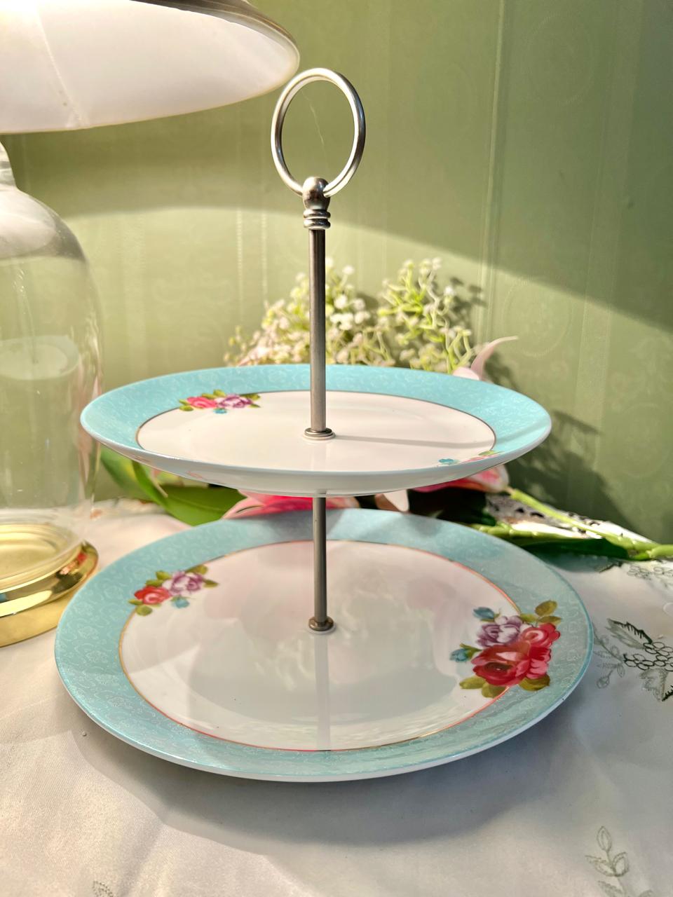 Vintage Floral 2-Tier Cake Stand – Turquoise Rose Porcelain Serving Plates with Metal Handle