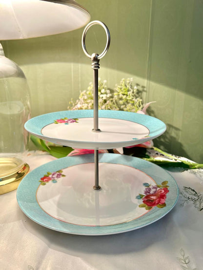 Vintage Floral 2-Tier Cake Stand – Turquoise Rose Porcelain Serving Plates with Metal Handle