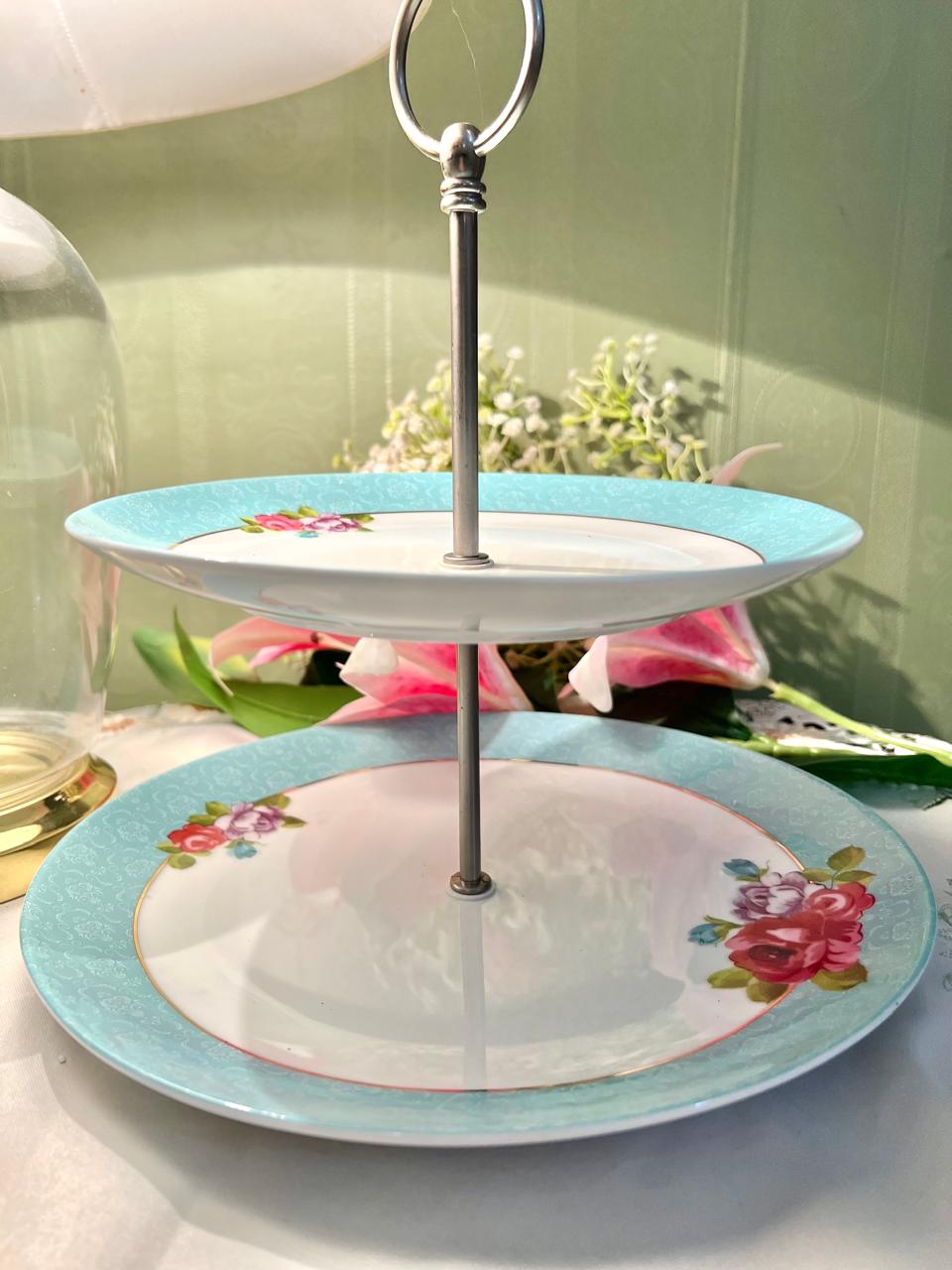 Vintage Floral 2-Tier Cake Stand – Turquoise Rose Porcelain Serving Plates with Metal Handle
