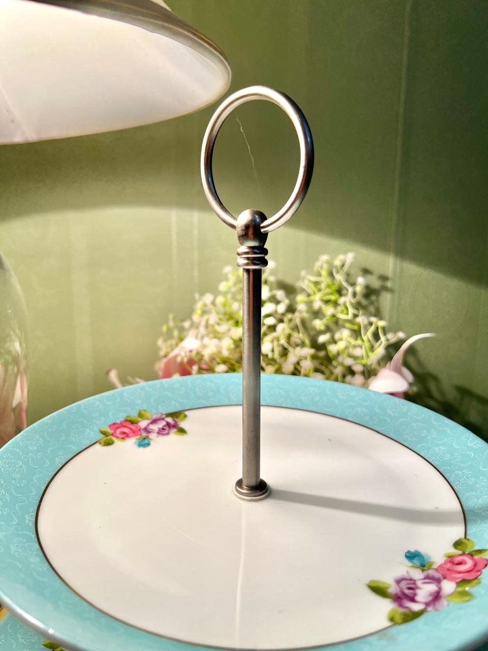 Vintage Floral 2-Tier Cake Stand – Turquoise Rose Porcelain Serving Plates with Metal Handle