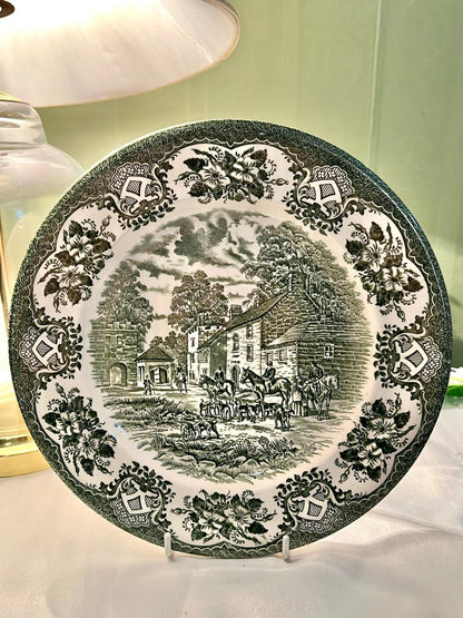 English Ironstone Green Pottery Scenic Wall Plate 9"