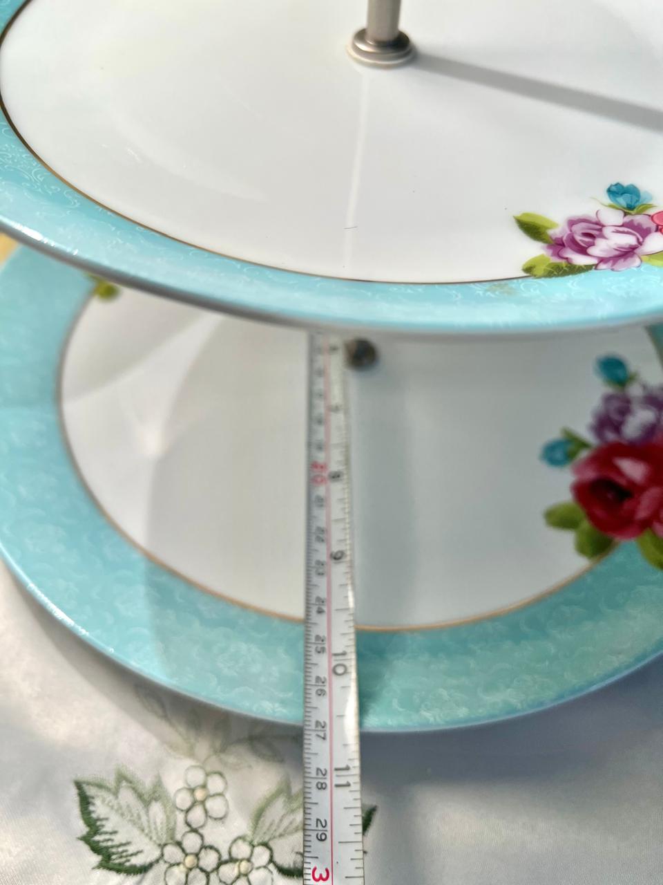 Vintage Floral 2-Tier Cake Stand – Turquoise Rose Porcelain Serving Plates with Metal Handle