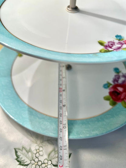 Vintage Floral 2-Tier Cake Stand – Turquoise Rose Porcelain Serving Plates with Metal Handle