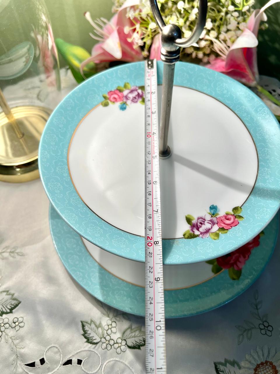 Vintage Floral 2-Tier Cake Stand – Turquoise Rose Porcelain Serving Plates with Metal Handle
