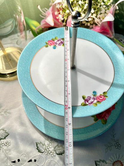 Vintage Floral 2-Tier Cake Stand – Turquoise Rose Porcelain Serving Plates with Metal Handle