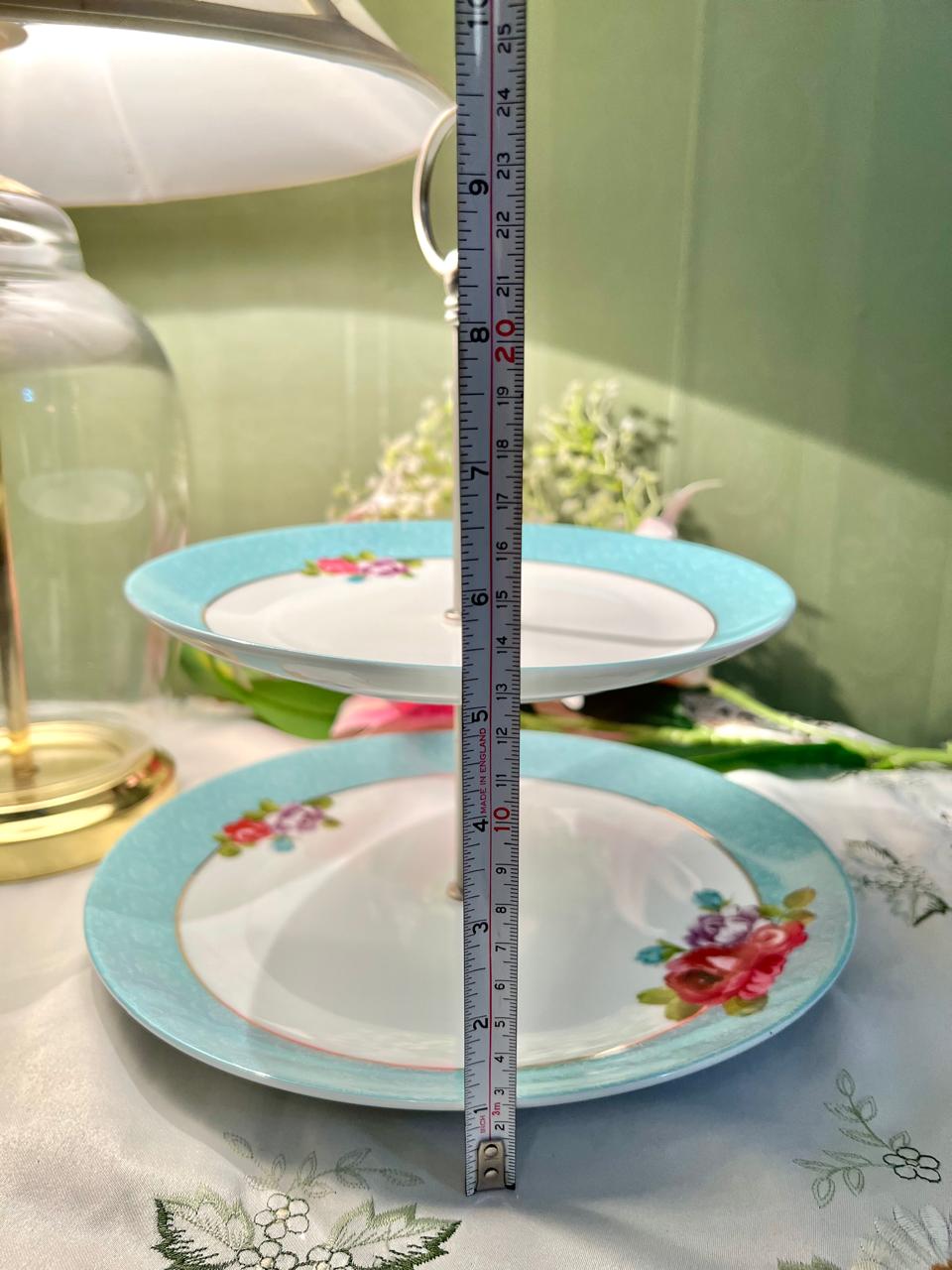 Vintage Floral 2-Tier Cake Stand – Turquoise Rose Porcelain Serving Plates with Metal Handle