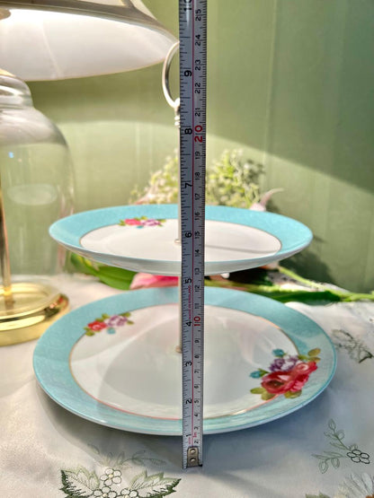 Vintage Floral 2-Tier Cake Stand – Turquoise Rose Porcelain Serving Plates with Metal Handle