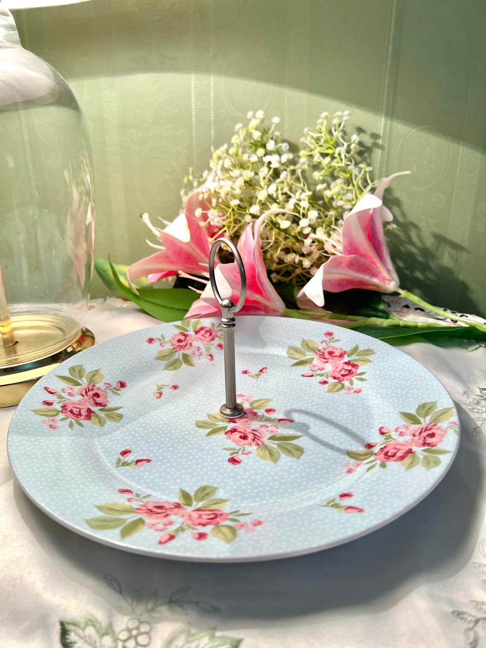 Vintage Blue Floral Cake Plate – Rose Pattern Porcelain Serving Plate with Metal Handle