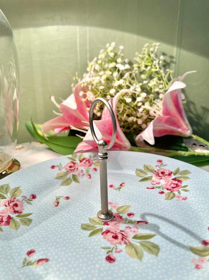 Vintage Blue Floral Cake Plate – Rose Pattern Porcelain Serving Plate with Metal Handle