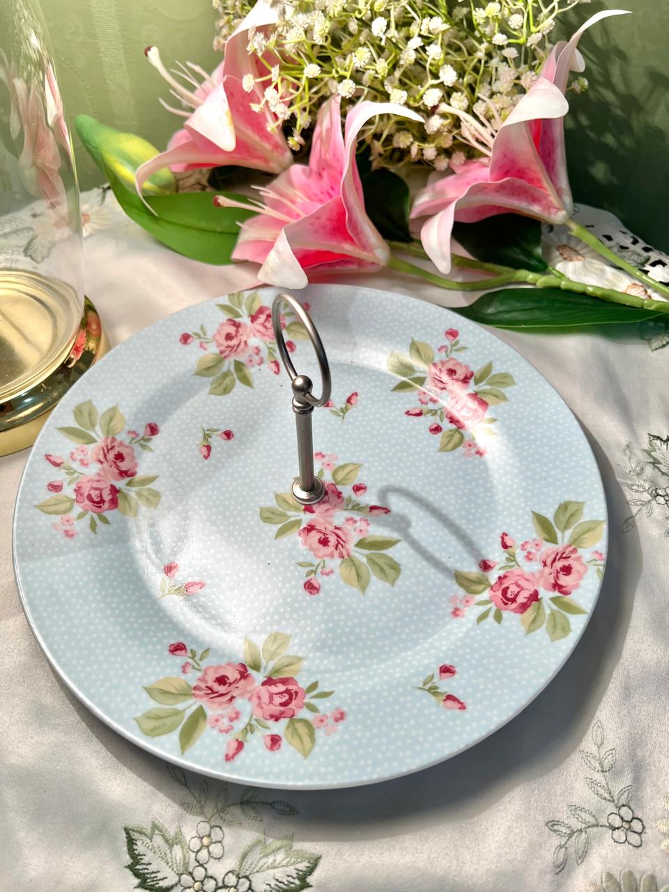 Vintage Blue Floral Cake Plate – Rose Pattern Porcelain Serving Plate with Metal Handle
