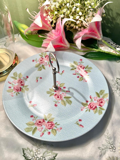 Vintage Blue Floral Cake Plate – Rose Pattern Porcelain Serving Plate with Metal Handle