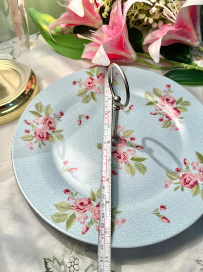 Vintage Blue Floral Cake Plate – Rose Pattern Porcelain Serving Plate with Metal Handle