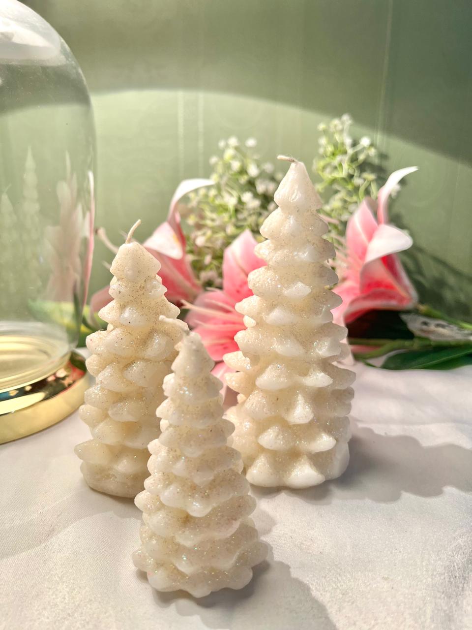 White Glitter Christmas Tree Candles 3 Piece Set Up to 13cm