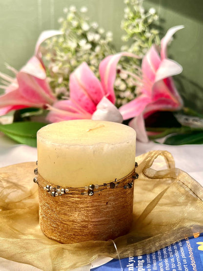 Cream Gold Pillar Candle with Beaded Detail 8cm - 1 Piece