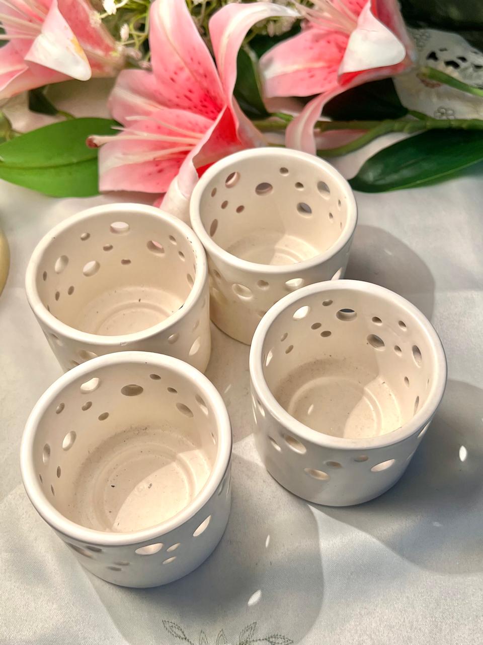 White Ceramic Cutout Candle Holders Set of 2 8cm
