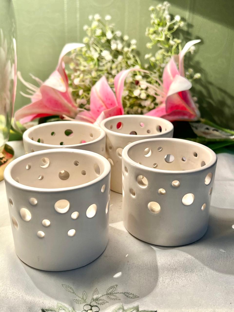 White Ceramic Cutout Candle Holders Set of 2 8cm