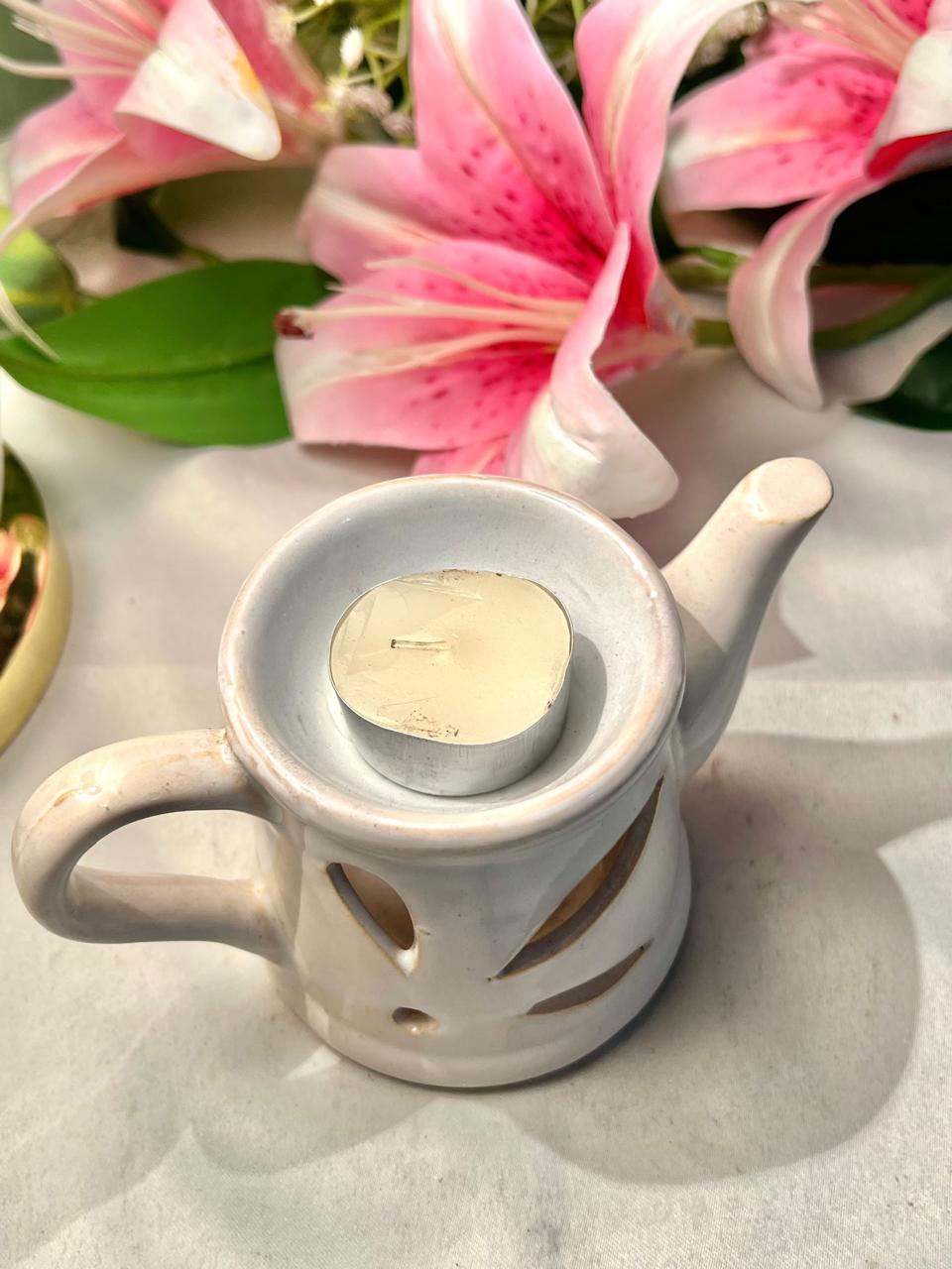 White Ceramic Teapot Candle Holder 9cm