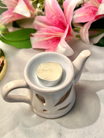 White Ceramic Teapot Candle Holder 9cm