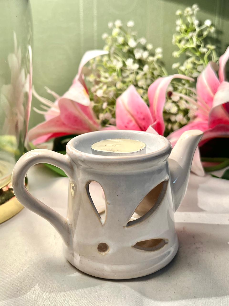 White Ceramic Teapot Candle Holder 9cm