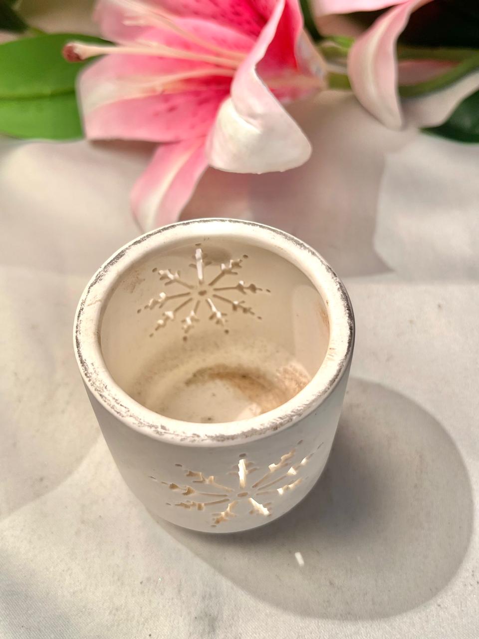 White Snowflake Ceramic Candle Holder 8cm