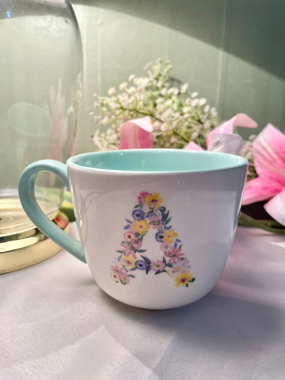 Tesco Kasha Fine China Floral Soup Mug Aqua Interior 10cm