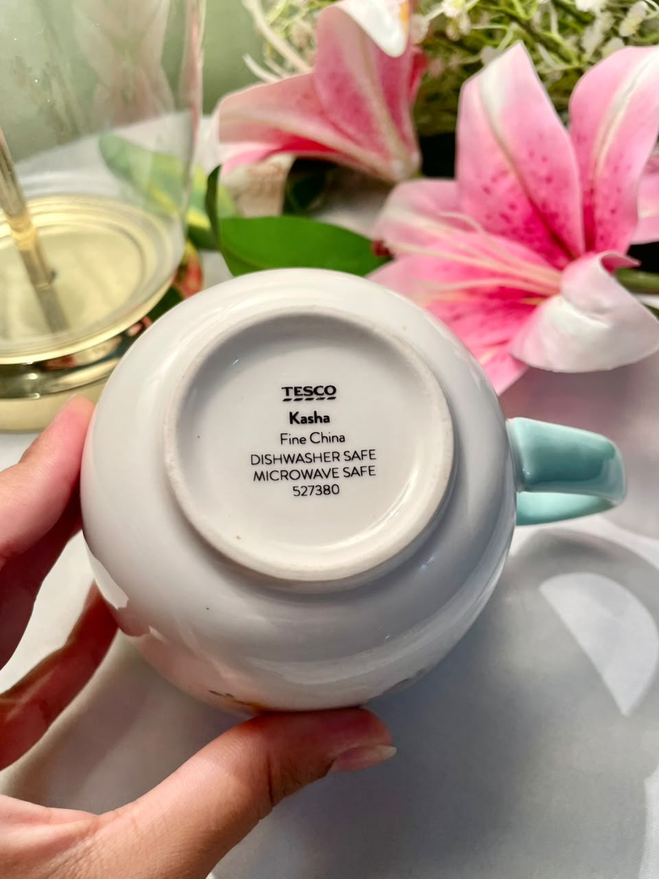 Tesco Kasha Fine China Floral Soup Mug Aqua Interior 10cm