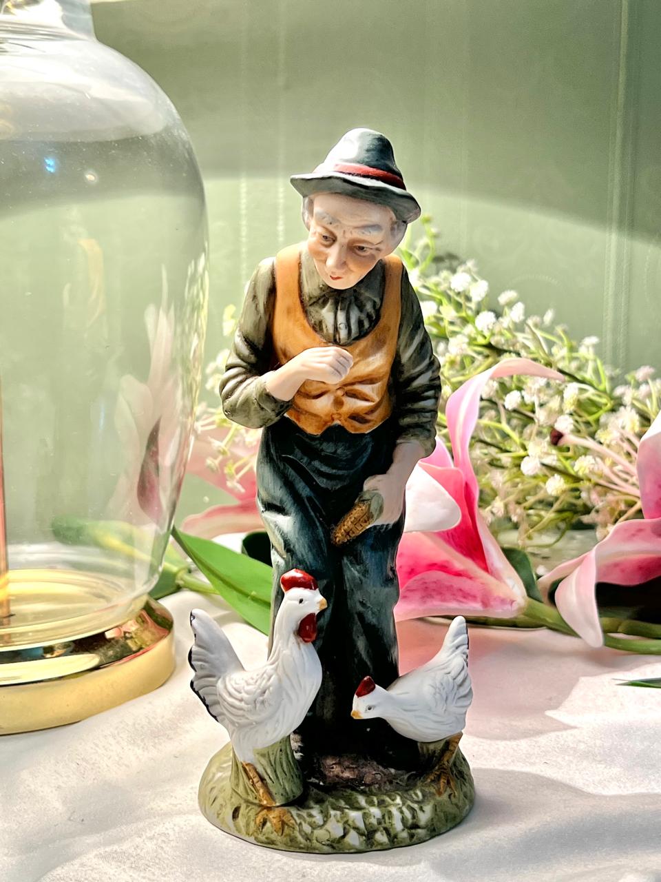 Farmer Feeding Chickens Ceramic Figurine 18cm