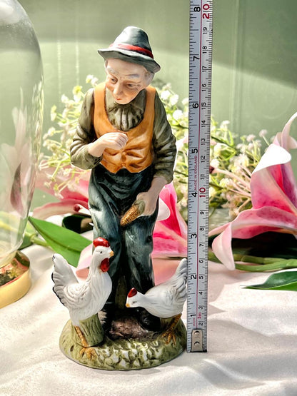 Farmer Feeding Chickens Ceramic Figurine 18cm