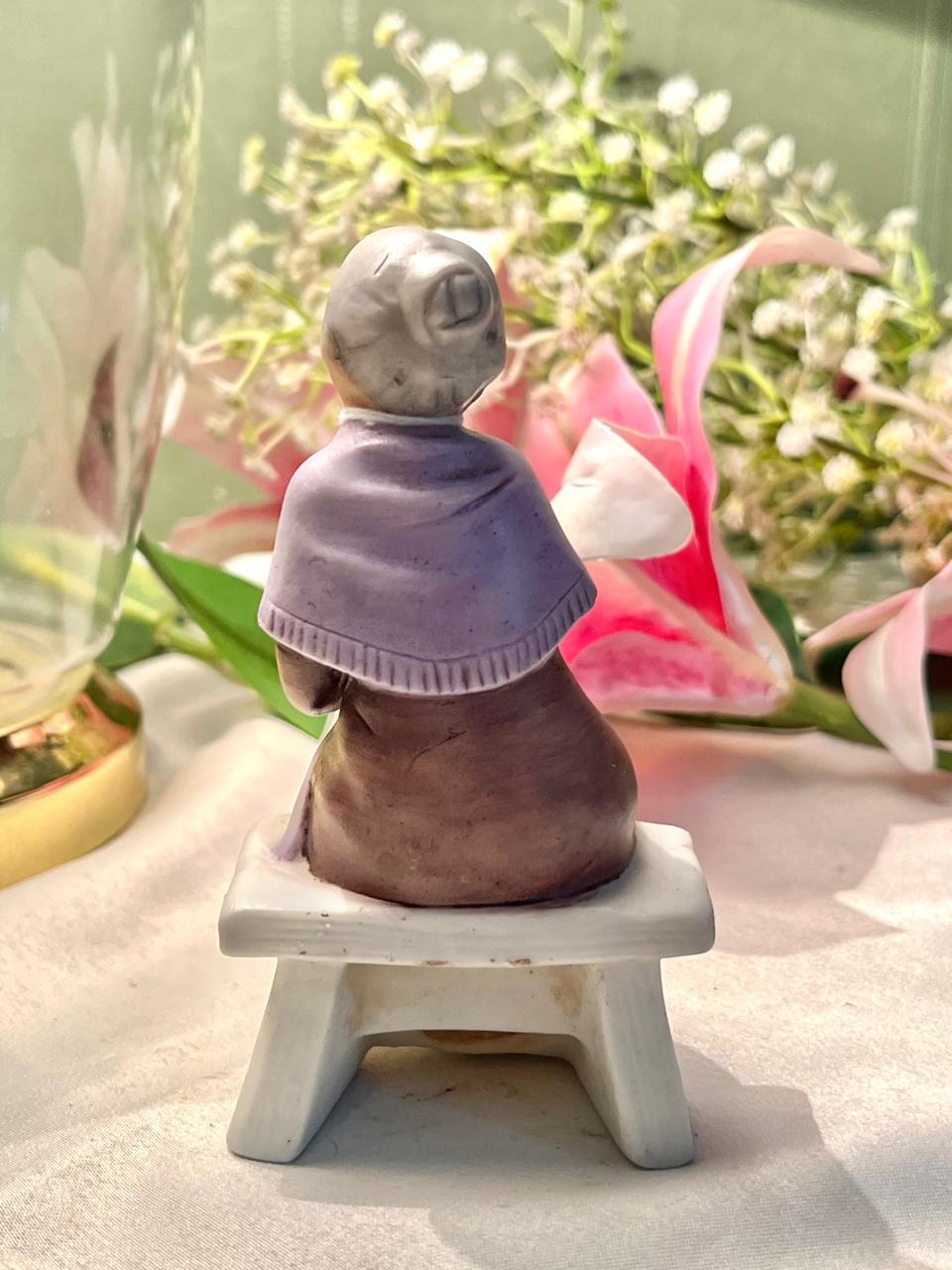 Elderly Woman Knitting Ceramic Figurine 12cm