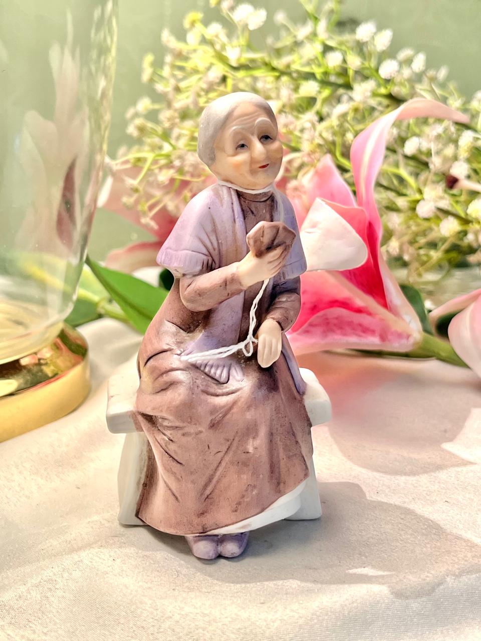 Elderly Woman Knitting Ceramic Figurine 12cm