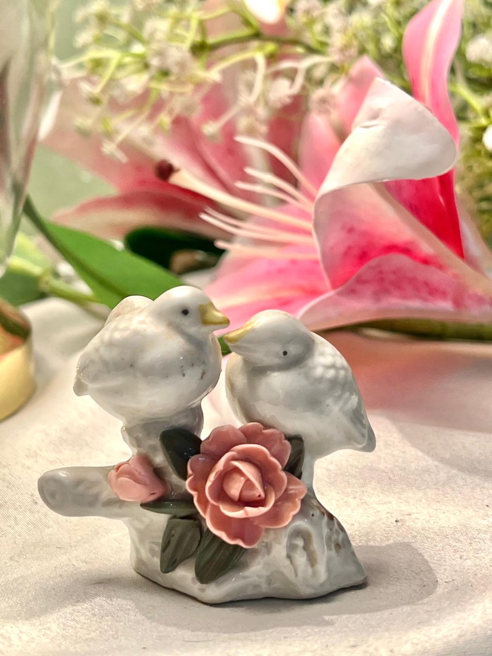 Porcelain Love Birds with Pink Roses Figurine 6cm