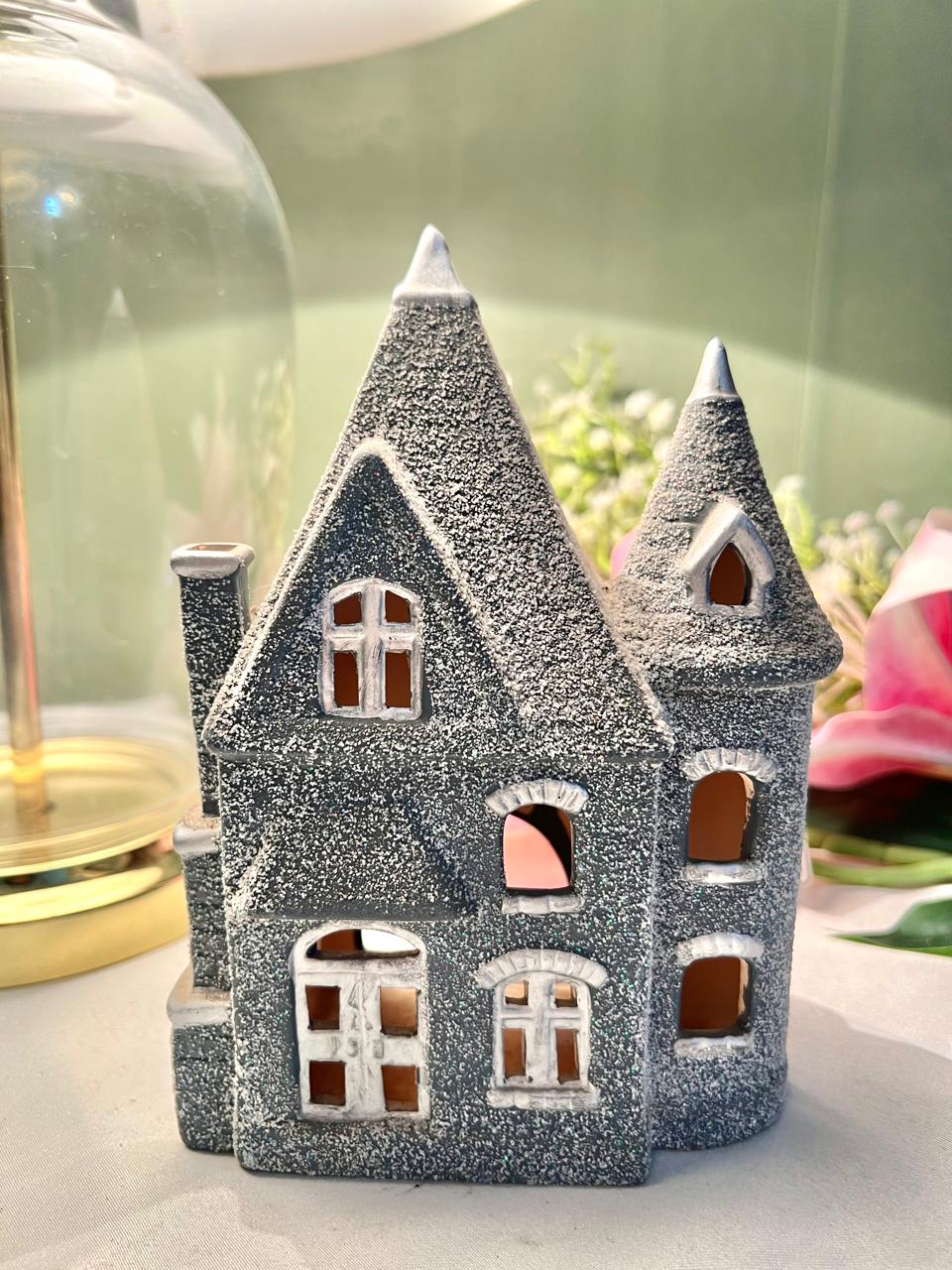 Grey Glitter Haunted House Candle Holder 16cm