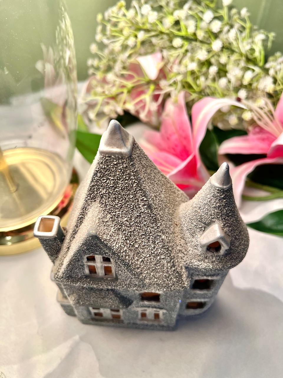 Grey Glitter Haunted House Candle Holder 16cm