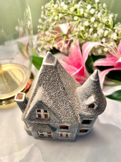 Grey Glitter Haunted House Candle Holder 16cm