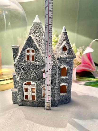 Grey Glitter Haunted House Candle Holder 16cm
