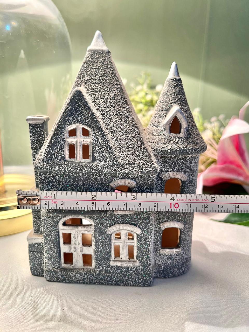 Grey Glitter Haunted House Candle Holder 16cm