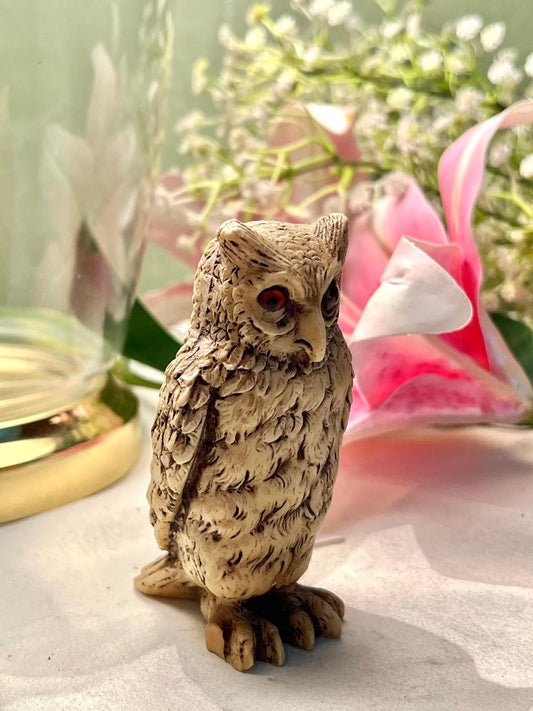 Vintage Owl Figurine Beige Brown Miniature Decor 10cm