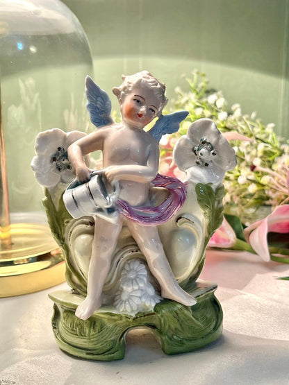 Vintage Style Cherub Angel Floral Porcelain Figurine Vase  16cm ( Rare Find)