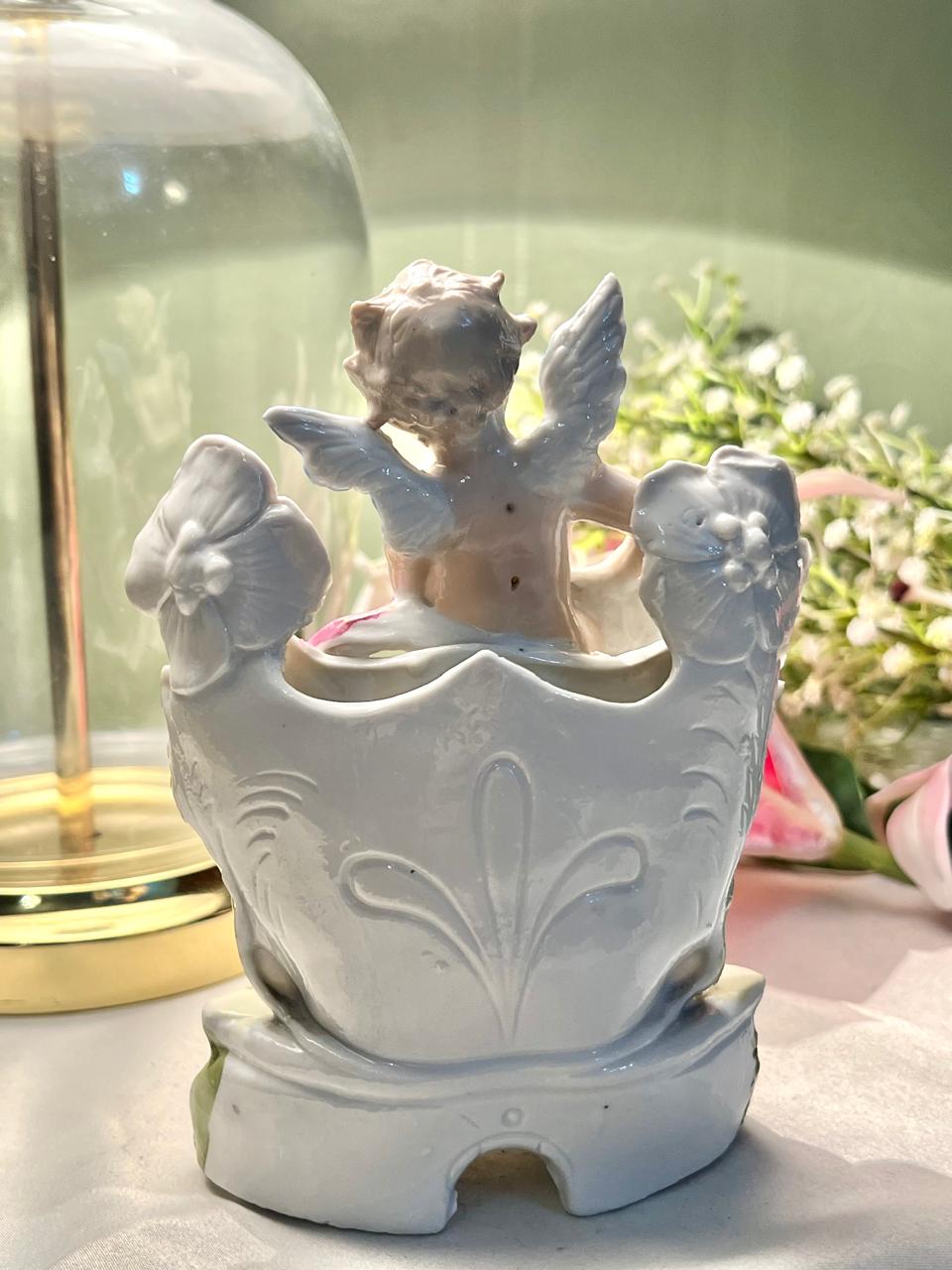 Vintage Style Cherub Angel Floral Porcelain Figurine Vase  16cm ( Rare Find)