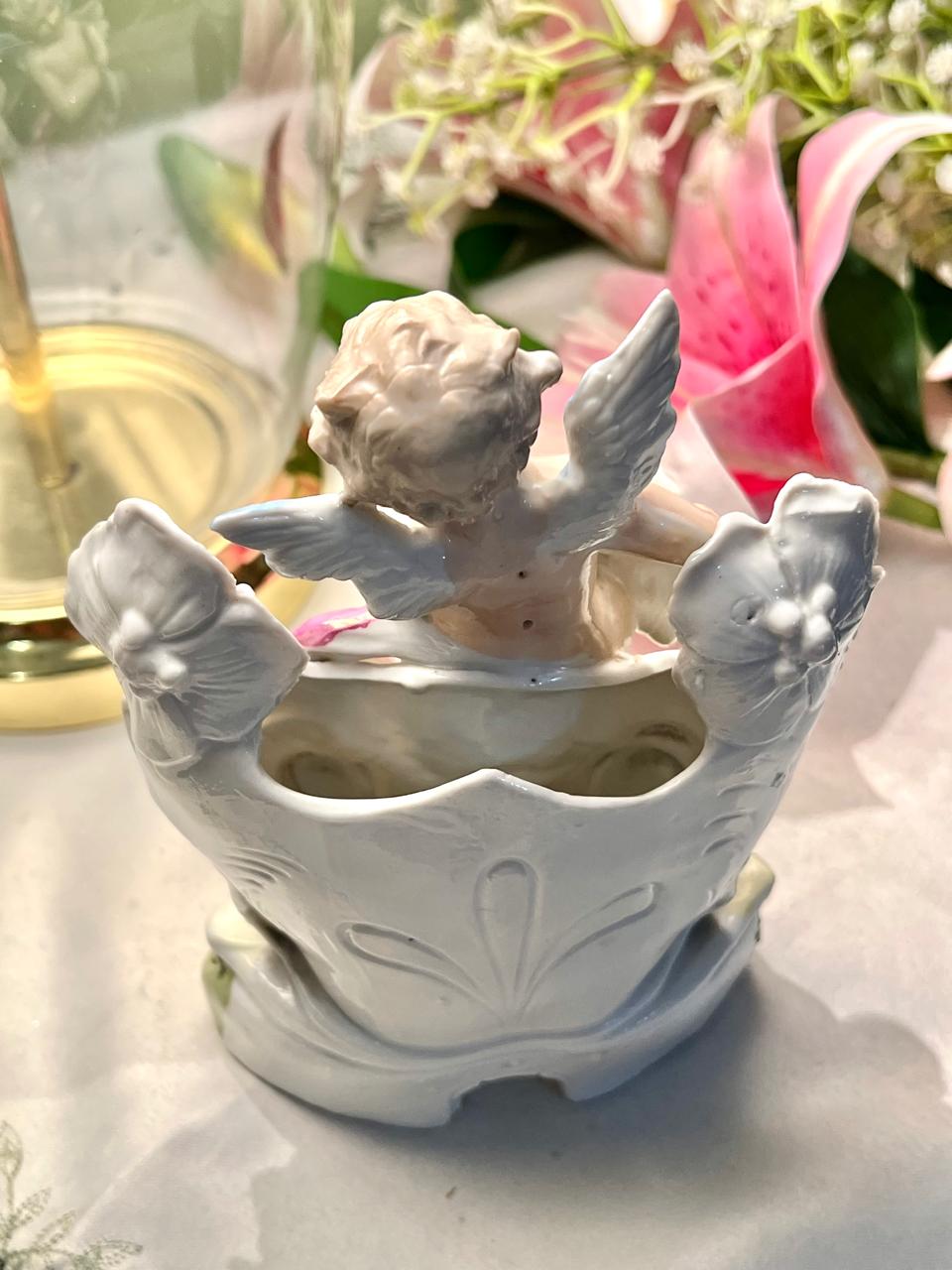 Vintage Style Cherub Angel Floral Porcelain Figurine Vase  16cm ( Rare Find)