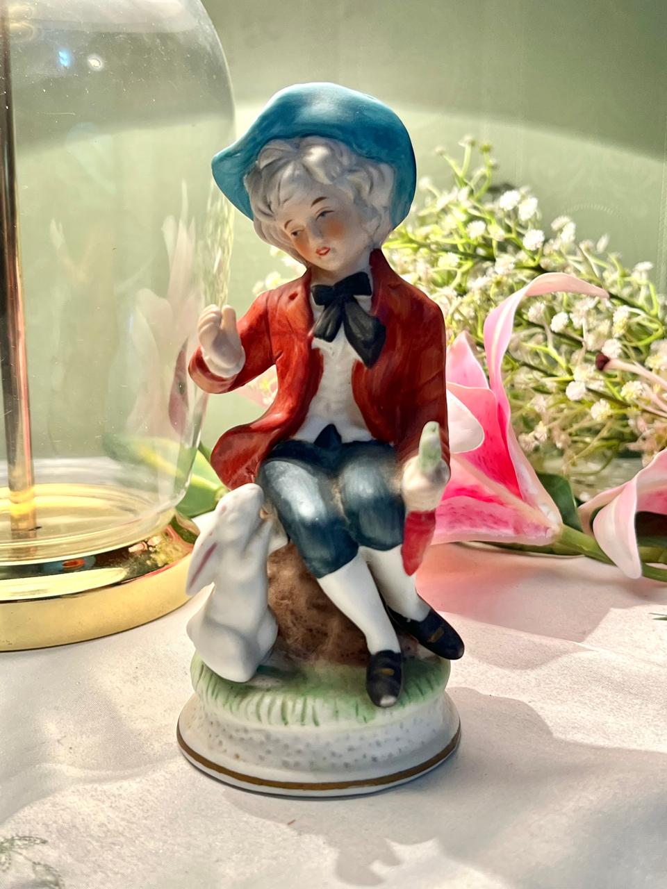 Vintage Boy with Rabbit Porcelain Figurine 16cm