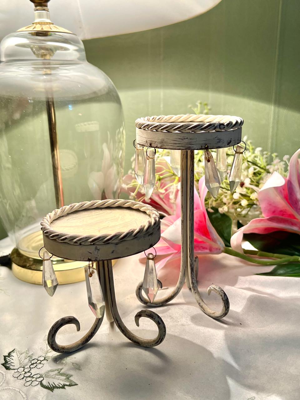 Set of 2 Crystal Drop Display / Candle Stands Cream Metal 7 in & 4 in