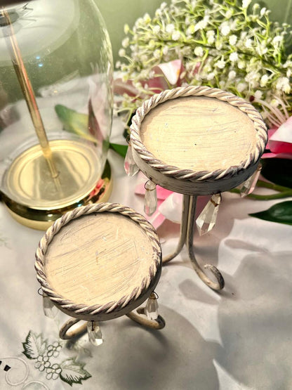 Set of 2 Crystal Drop Display / Candle Stands Cream Metal 7 in & 4 in